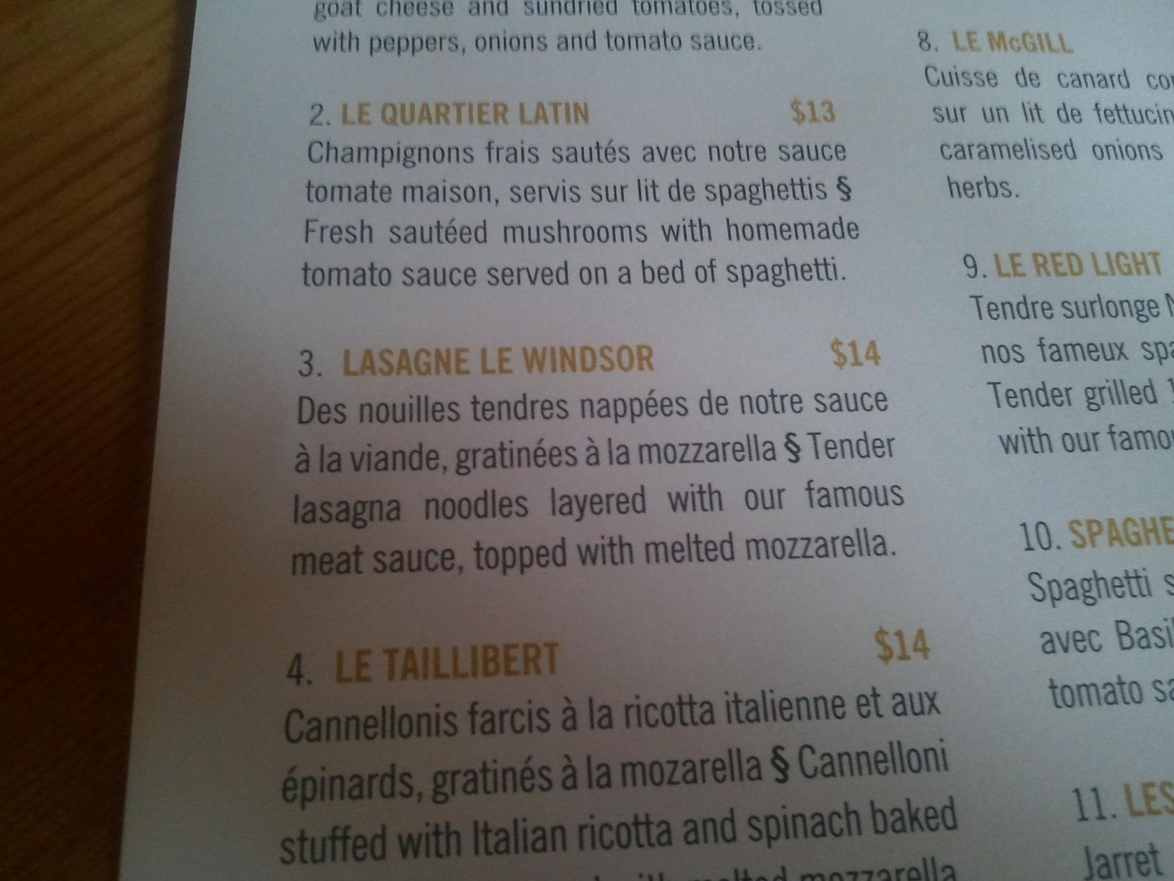 Menu at L'Usine de Spaghetti restaurant, Montréal