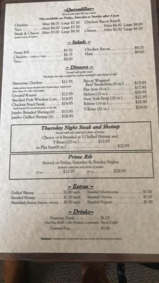 Menu at Wagon Wheel Saloon & Steakhouse, Ericson