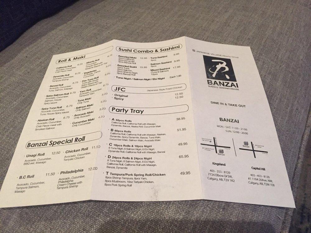 Menu at Banzai Sushi & Teriyaki House restaurant, Calgary, 20 Ave NW unit 1
