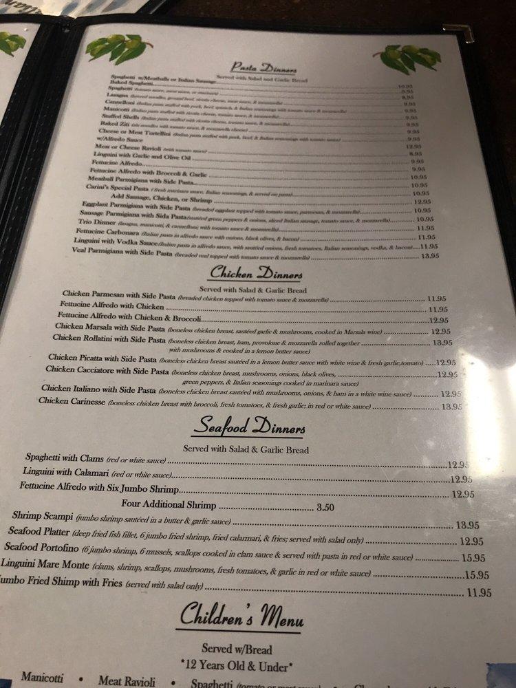 Menu at Carini's Italian Restaurant, Roanoke Rapids