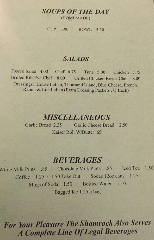 Menu at Shamrock Grill restaurant, Williamsport
