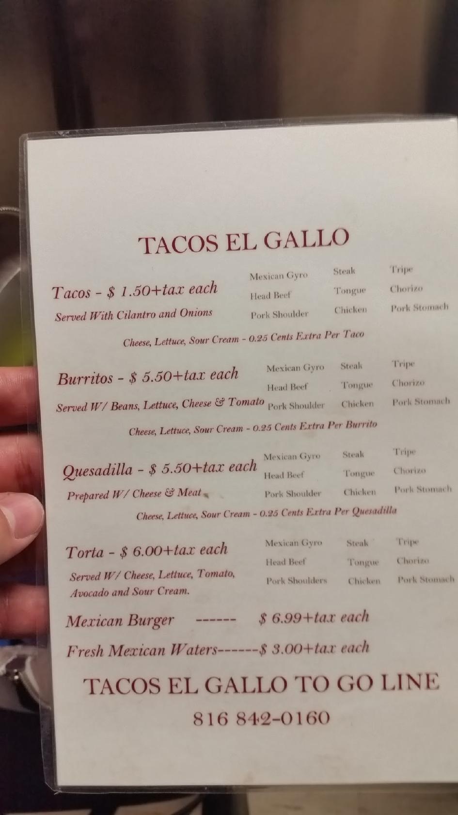 Menu at Tacos El Gallo restaurant, Kansas City