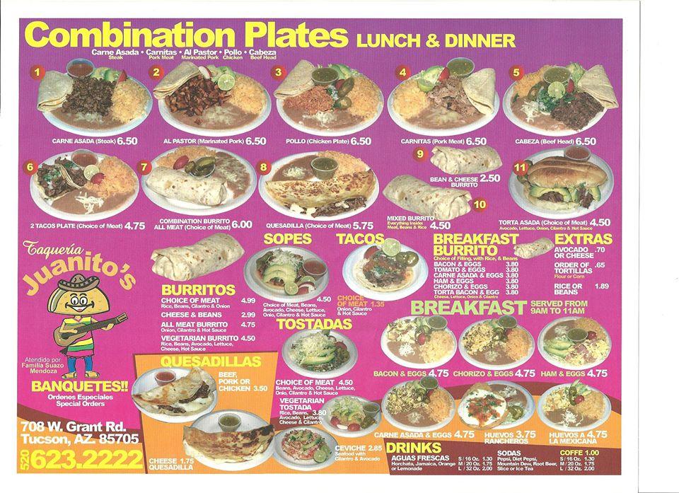 Menu at Taquería Juanitos restaurant, Tucson