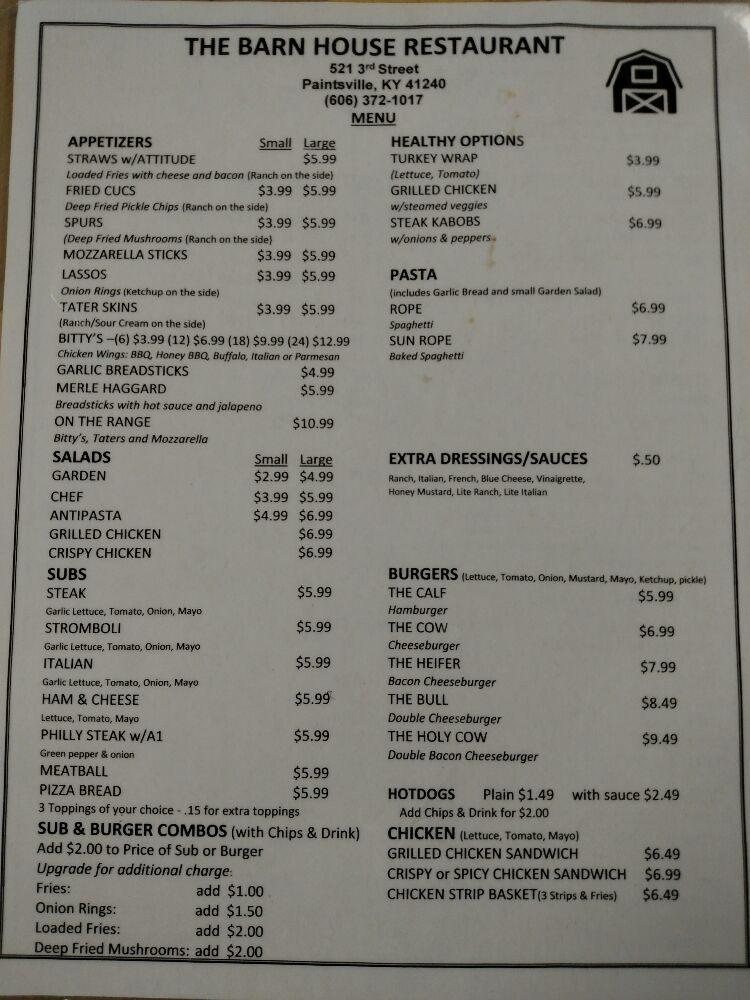 Menu at The Barn House Restaurant, Paintsville