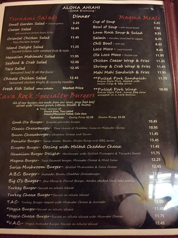 Menu at Volcano's Lava Rock Cafe, Volcano