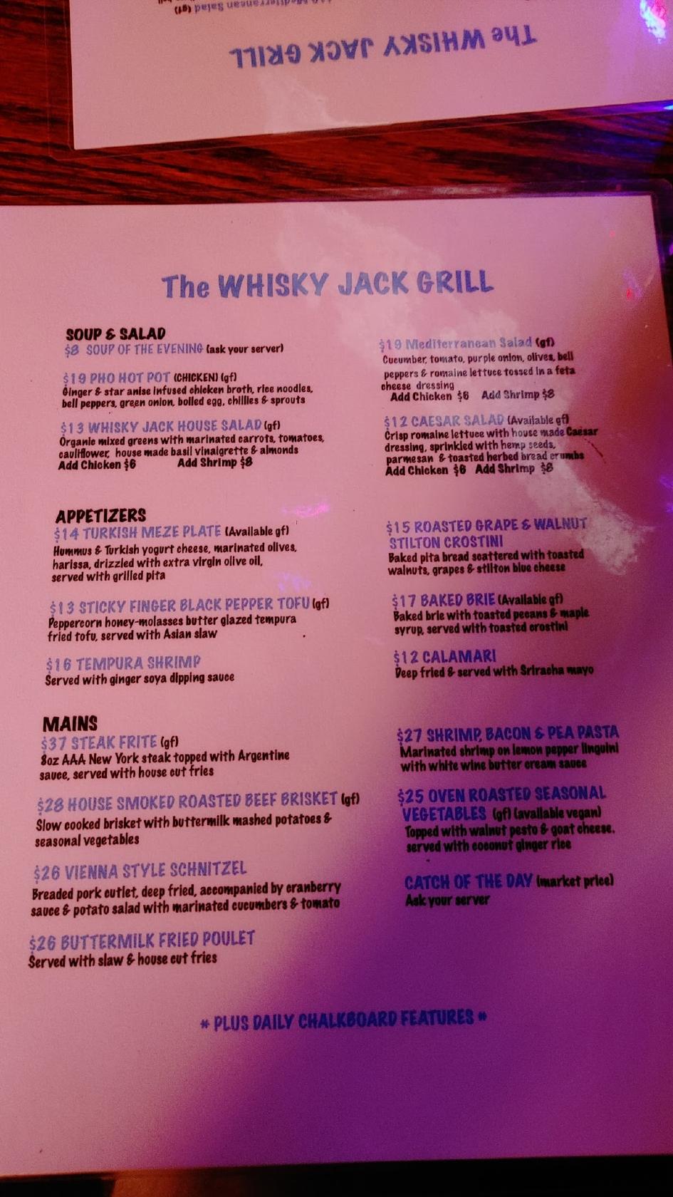 Menu at The Whisky Jack Grill restaurant, Jasper