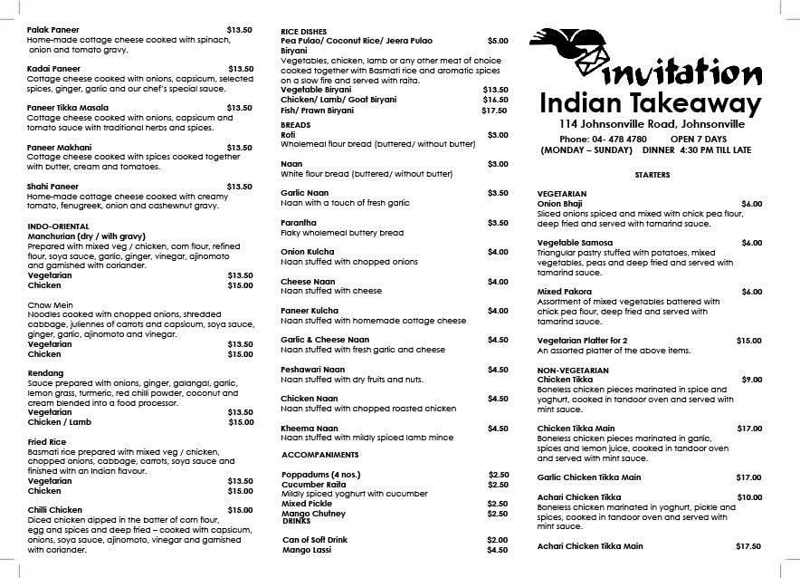 Menu at Invitation Takeaway restaurant, Wellington