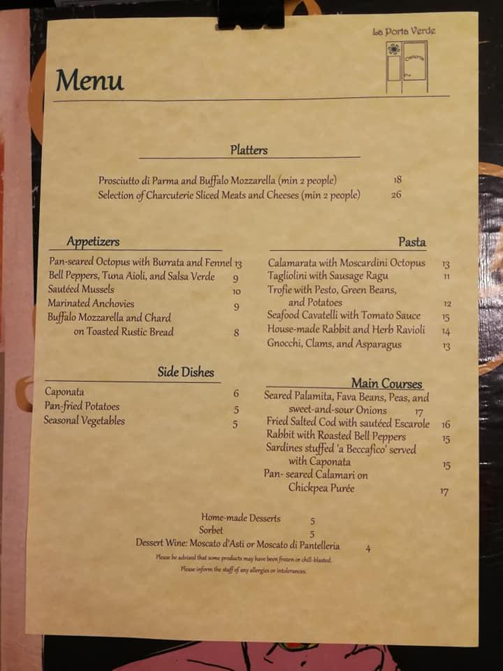 Menu au La porta verde restaurant, SAN REMO