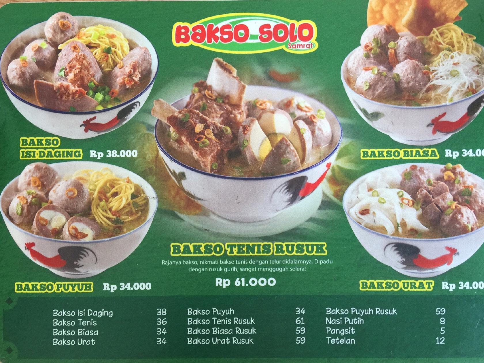 Menu At Bakso Solo Samrat Restaurant South Jakarta Jl Cikajang No 38