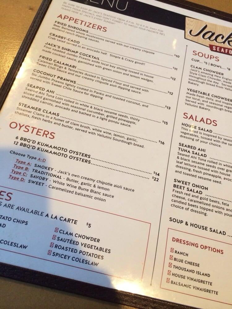 Menu at Jack's Seafood restaurant, Eureka