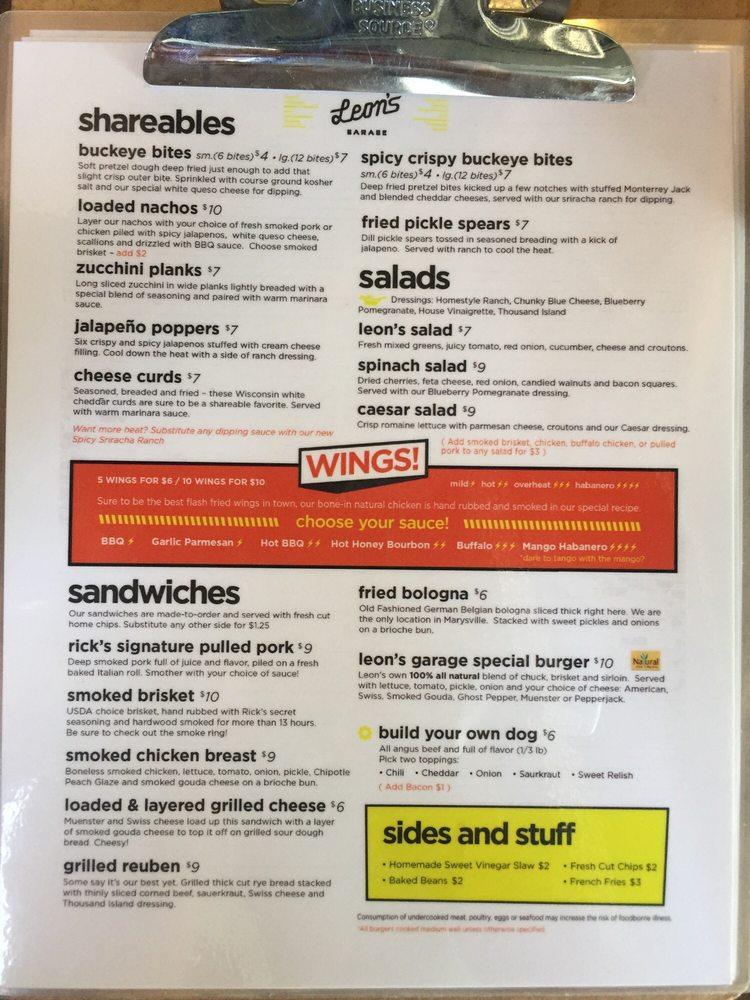 Menu at Leon's Garage pub & bar, Marysville