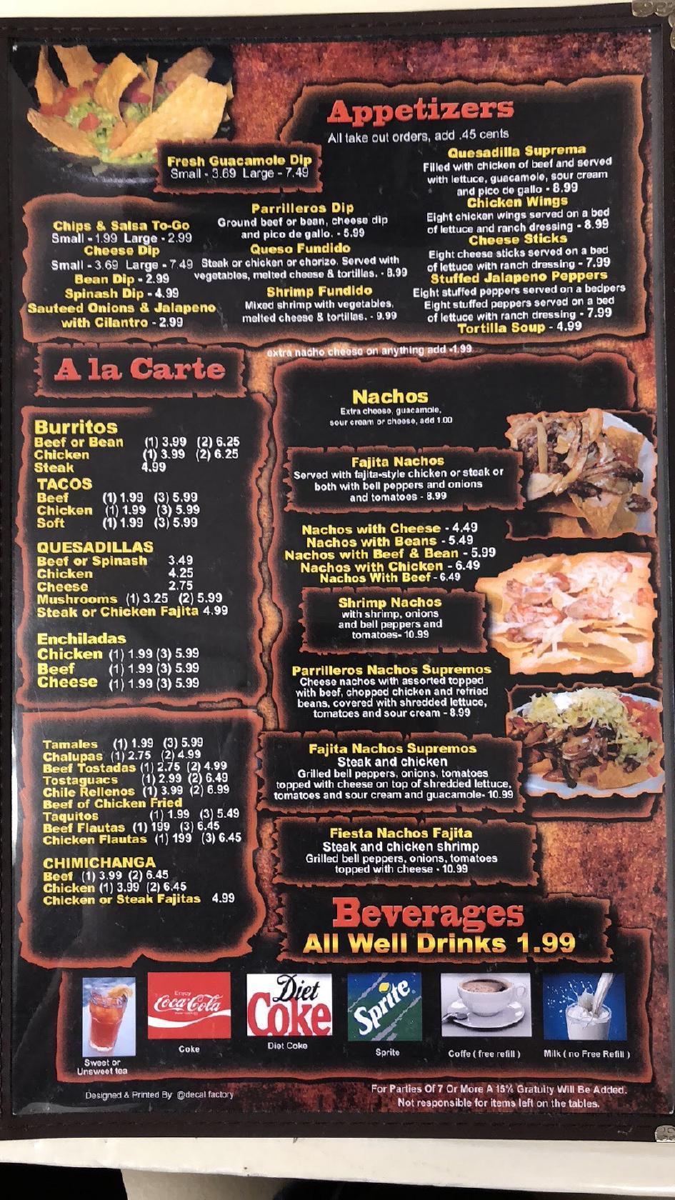 Menu at Los Parrilleros, Mexican Grille restaurant, Mendenhall