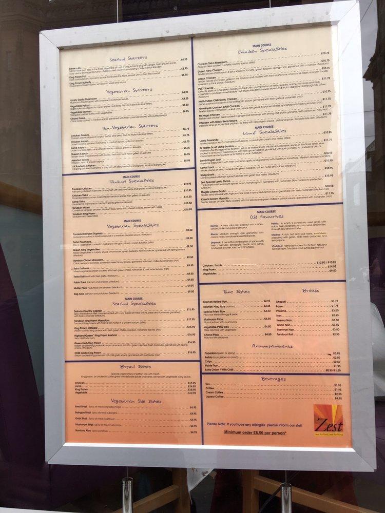 Menu at Zest restaurant, Edinburgh, 15 N St Andrew St