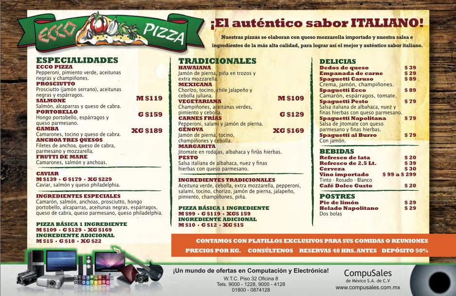 Menu at ECCO PIZZA restaurant, Mexico City