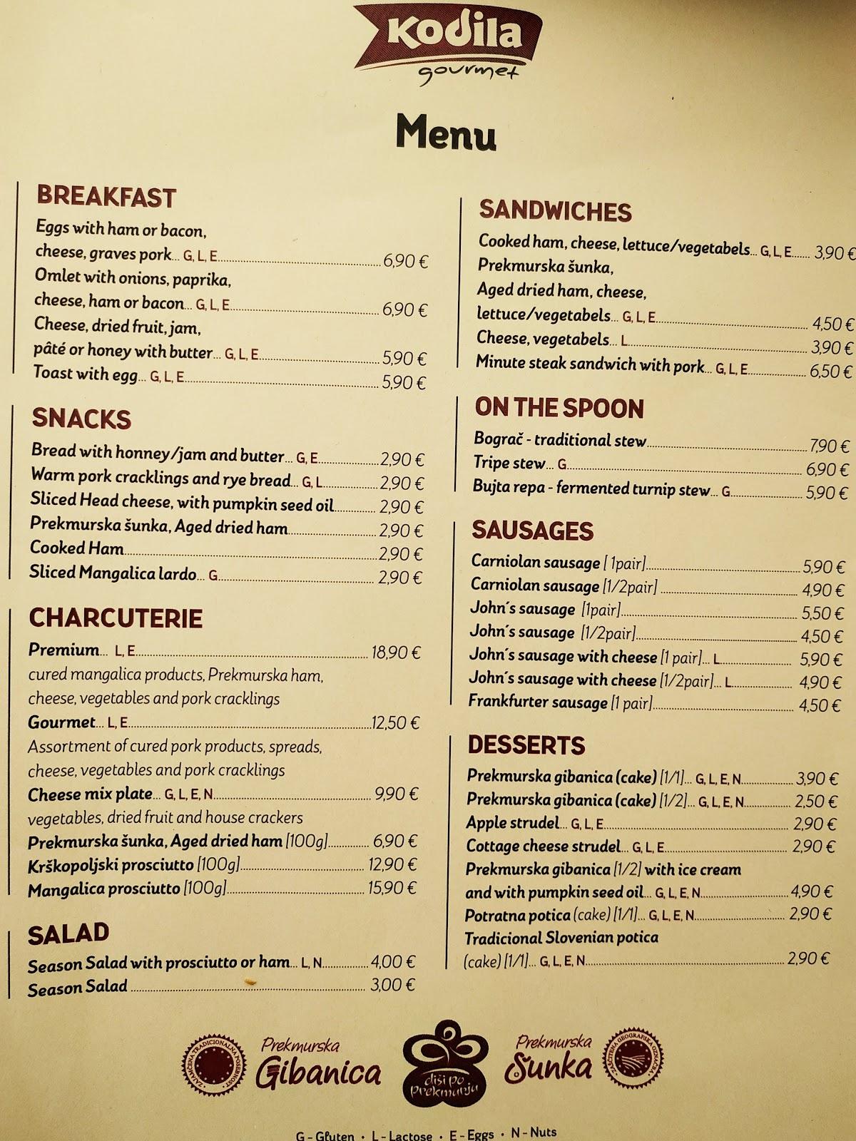 Menu at Kodila meet meat market restaurant, Ljubljana