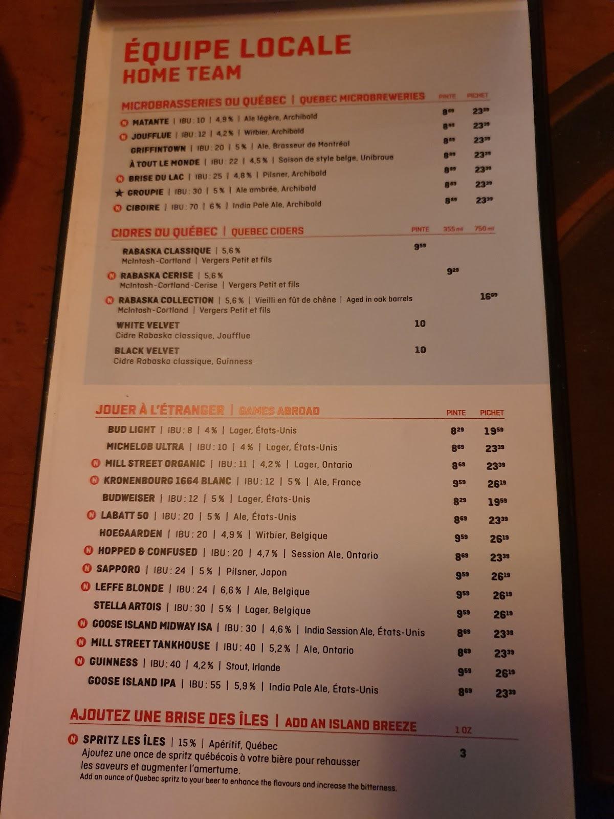 Menu au La Cage pub et bar, Montréal, Sherbrooke St E