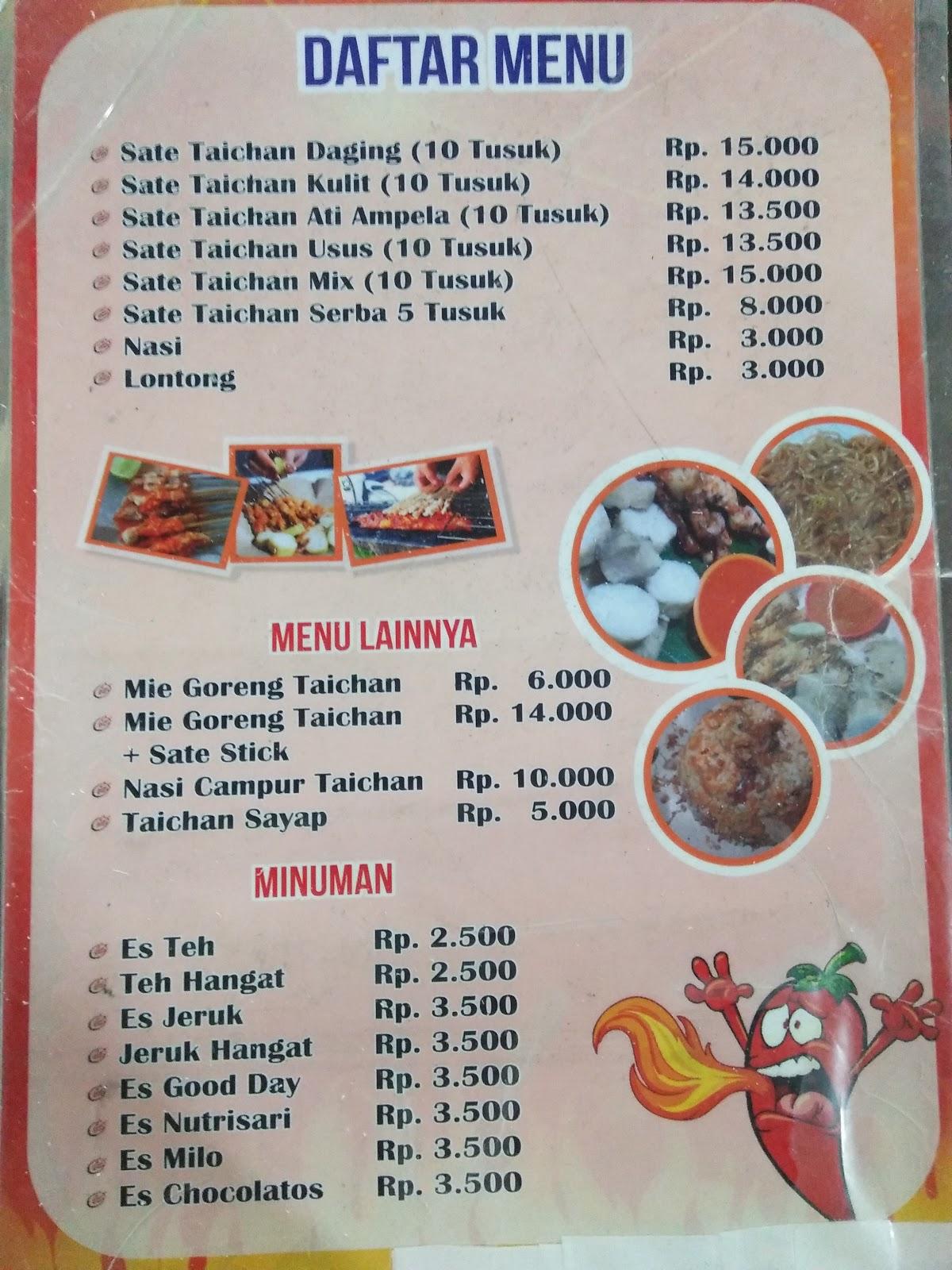 Menu at Sate Taichan Super restaurant, Semarang, Jl. Tirto Agung No.37