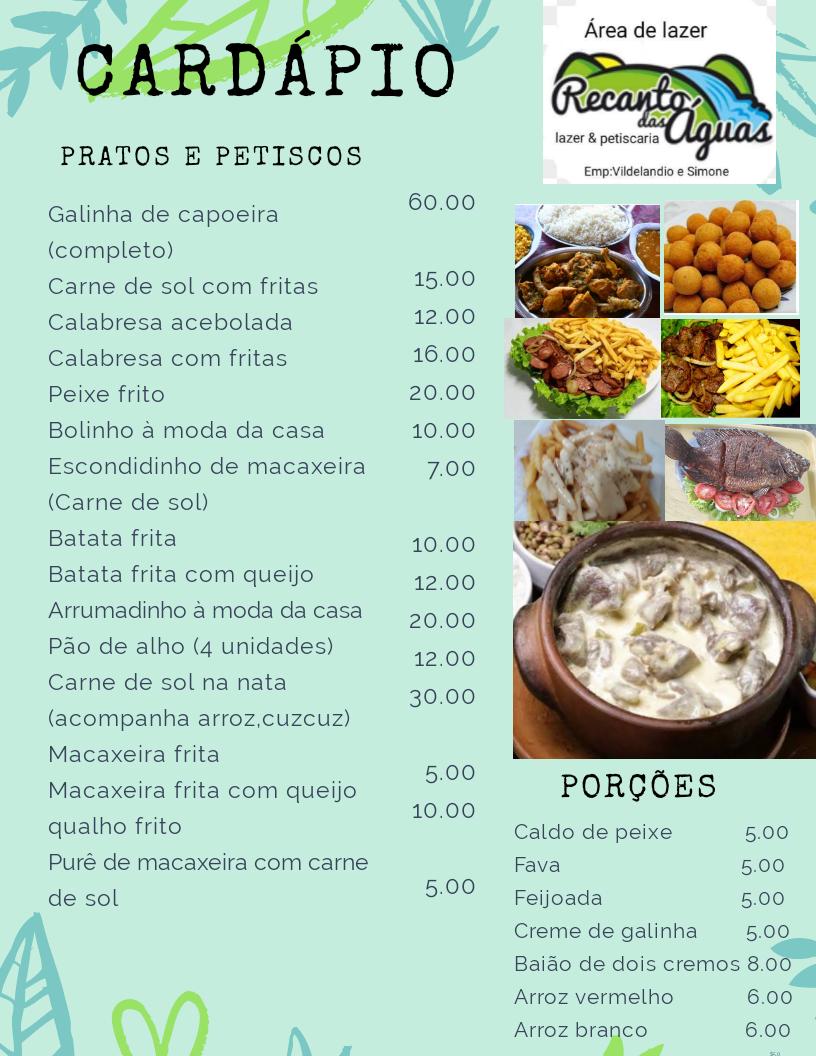 ÁREA DE LAZER & PETISCARIA RECANTO DAS ÁGUAS cardápio
