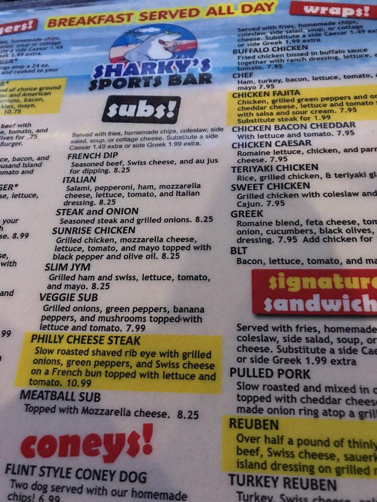 Menu at Sharky's Sports Bar, Burton