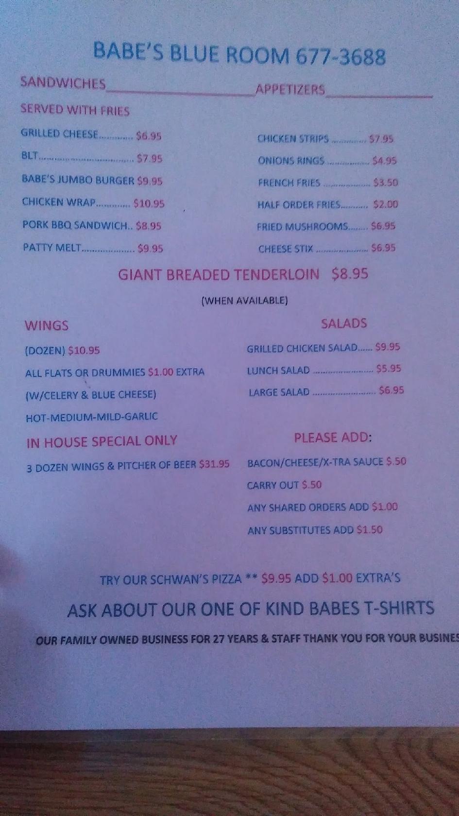 Menu at Babe's Blue Room pub & bar, Ormond Beach