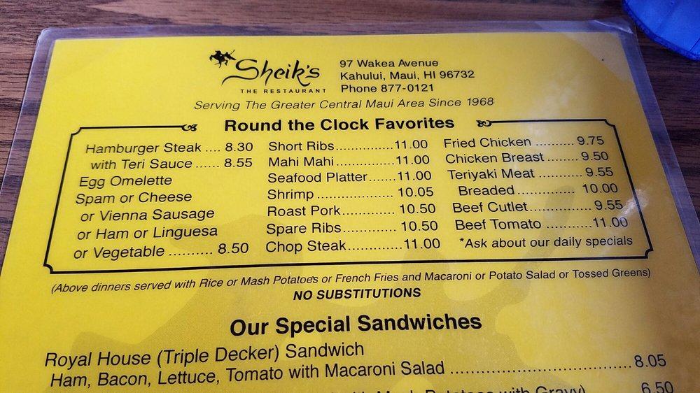 Menu at Sheik's Restaurant, Kahului