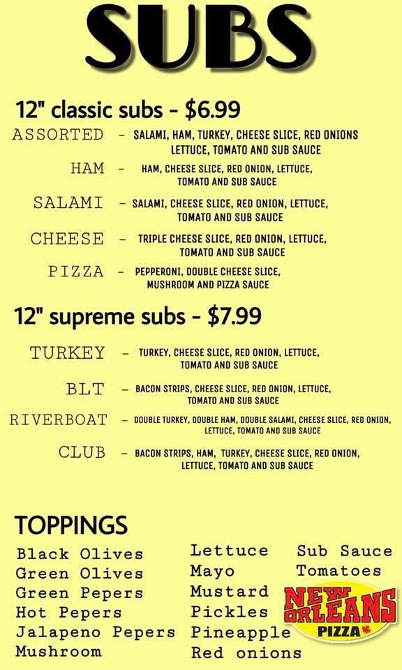 Menu at New Orleans Pizza pizzeria, Chesley