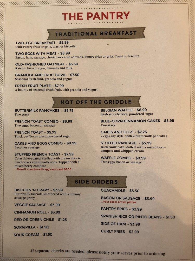 Menu at The Pantry restaurant, Santa Fe