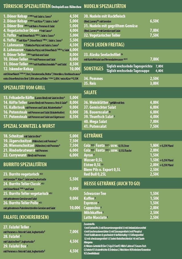 Menu at Mega Döner restaurant, Mannheim, Floßwörthstraße 59