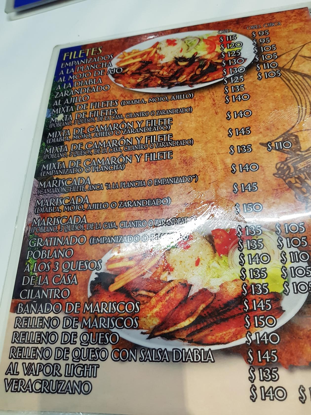 Menu at Mariscos Oscar's Drinks restaurant, Santiago, Carr Nacional 257