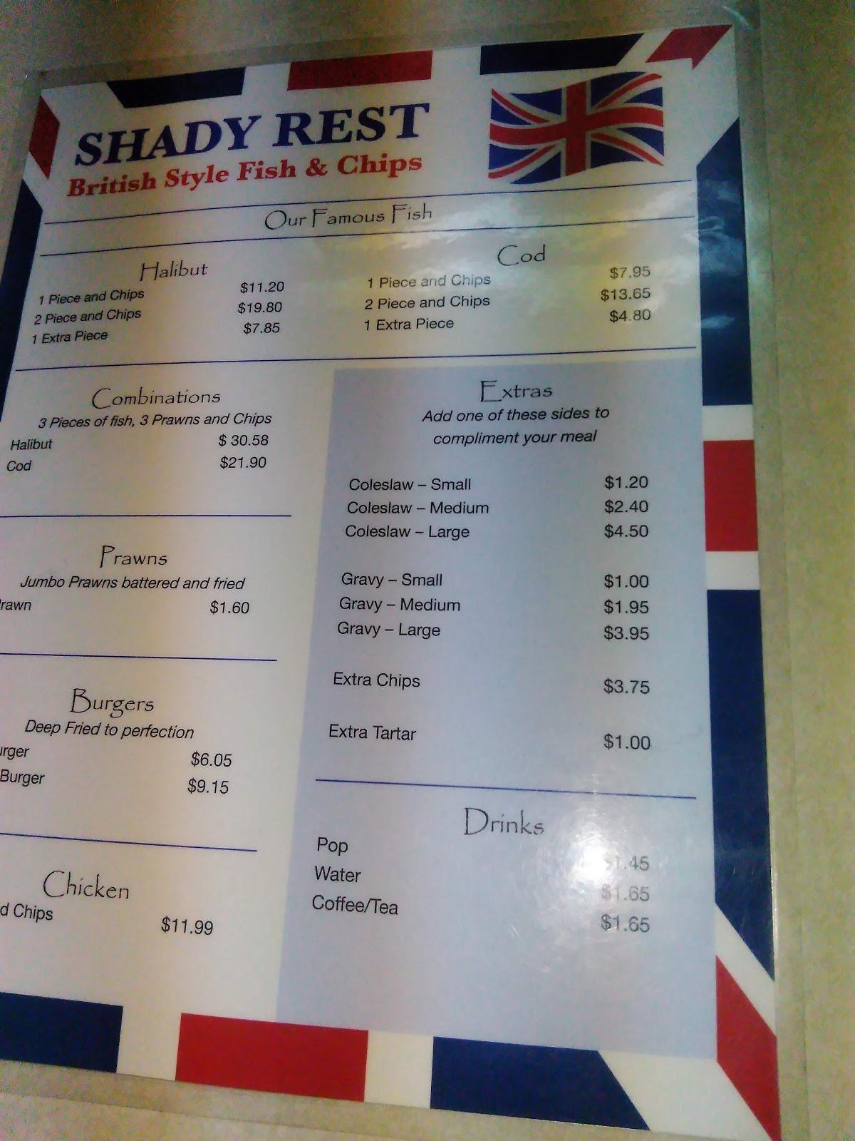 Menu at Shady Rest Fish & Chips restaurant, Kelowna