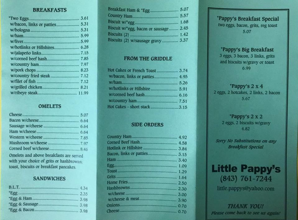 Menu at Pappy's Jr restaurant, Moncks Corner