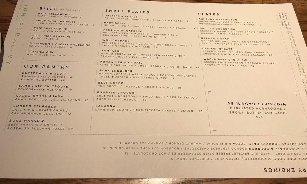 Menu at Juniper & Ivy pub & bar, San Diego