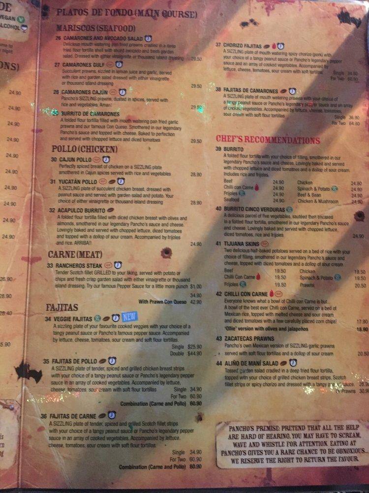 Carta de Pancho's Mexican Villa Restaurant, East Victoria Park, 885 ...