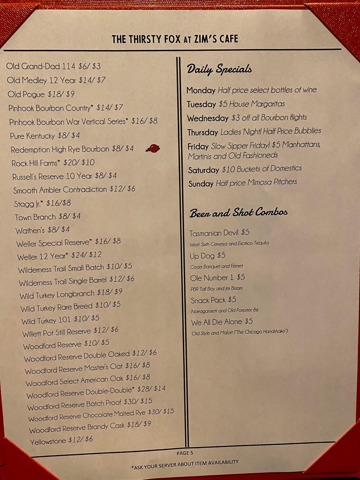 Menu at Thirsty Fox at Zim's Cafe, Lexington