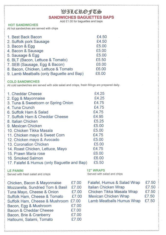 Carta de Wilcrofts Cafe, Bury St Edmunds
