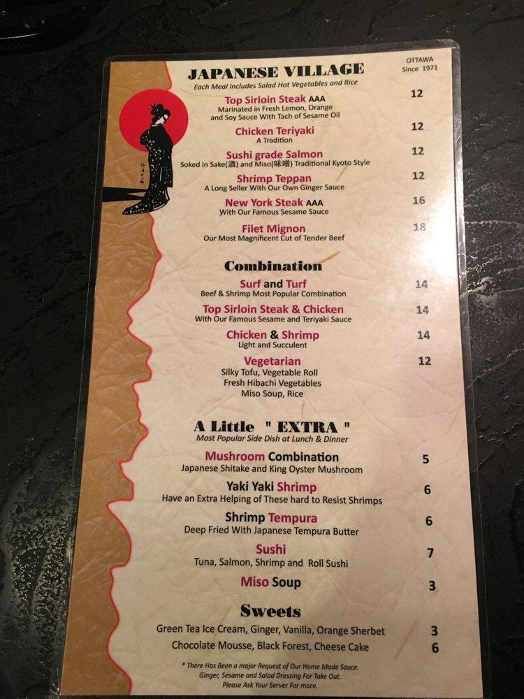 Menu at Japanese Village restaurant, Ottawa