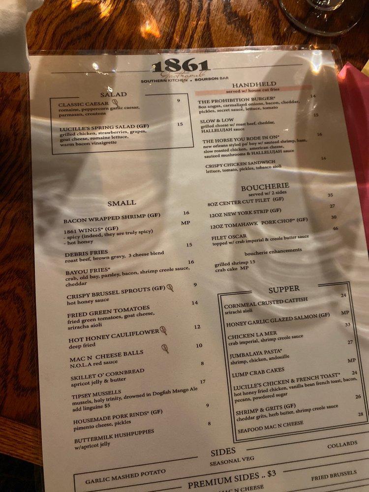 Menu at 1861 Southern Kitchen Bourbon Bar, Middletown