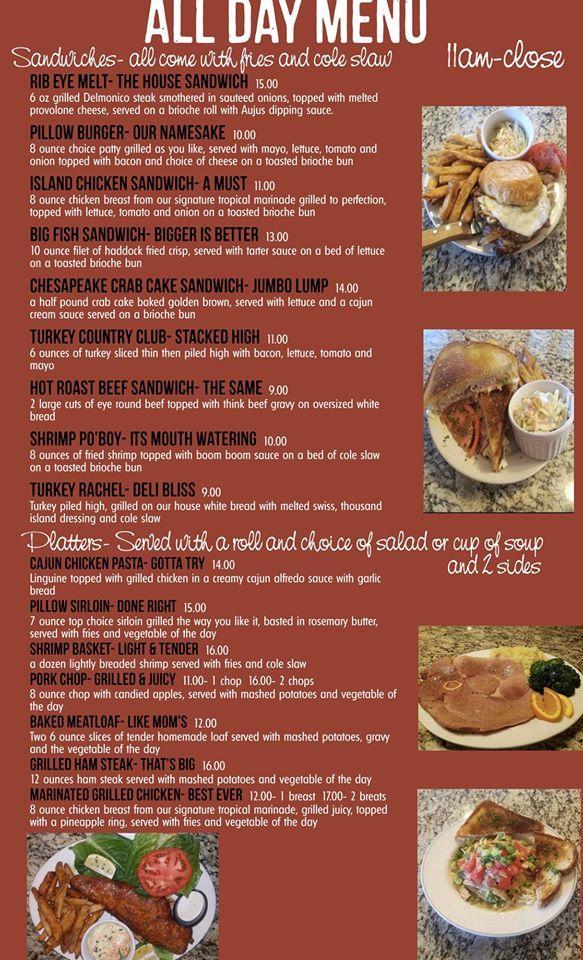 Menu at The National Hotel Pillow Call for Reservations restaurant, Pillow