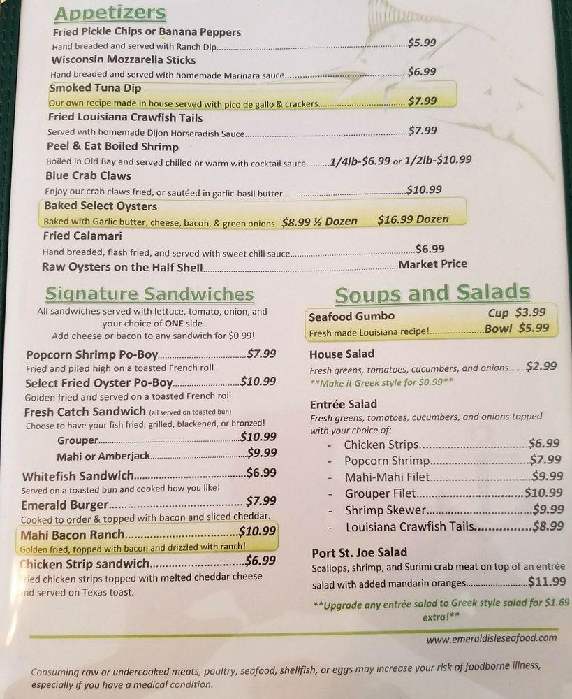 Menu at Emerald Isle Seafood restaurant, Crestview