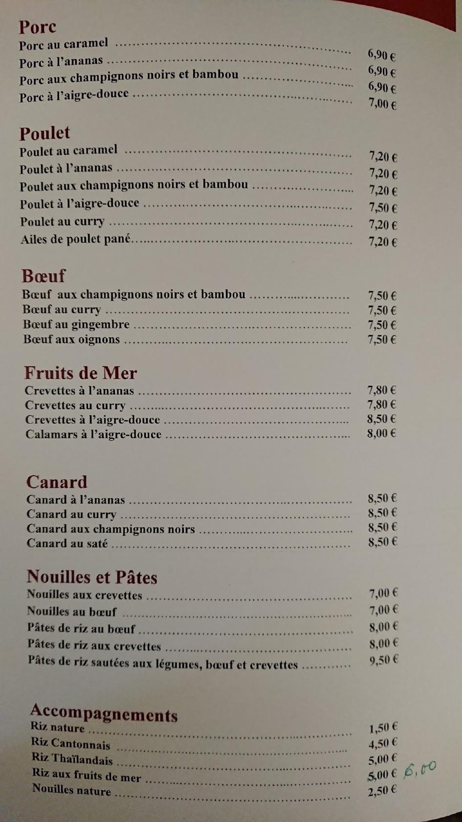 Menu at Indochine restaurant, Égletons