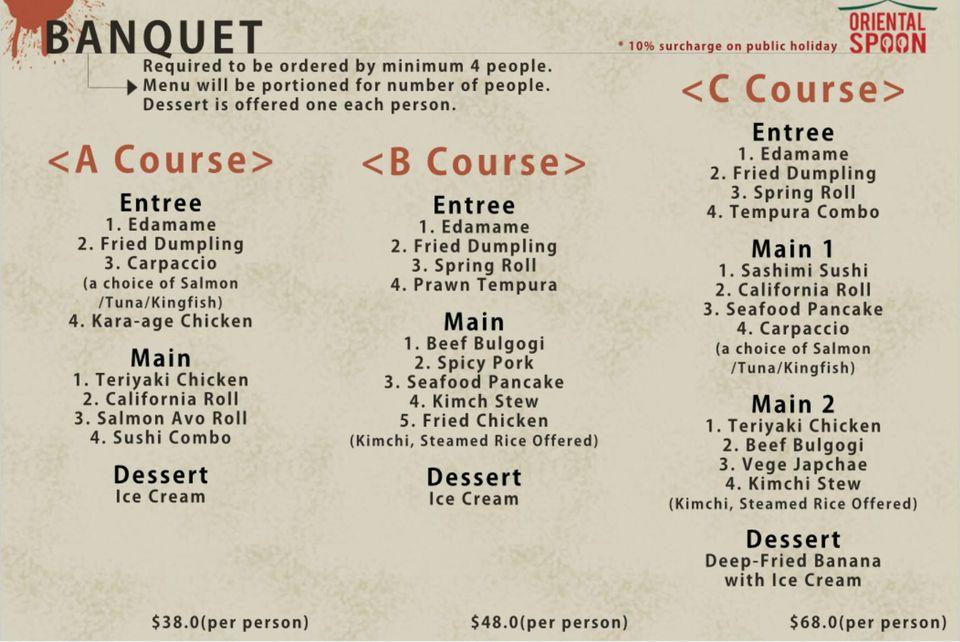 Menu at Oriental Spoon Korean Restaurant, Port Macquarie