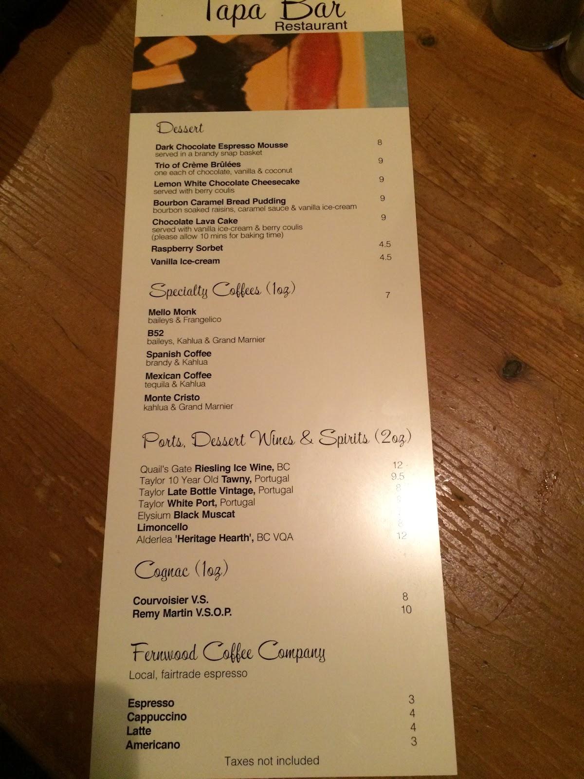 Menu at Tapa Bar, Victoria
