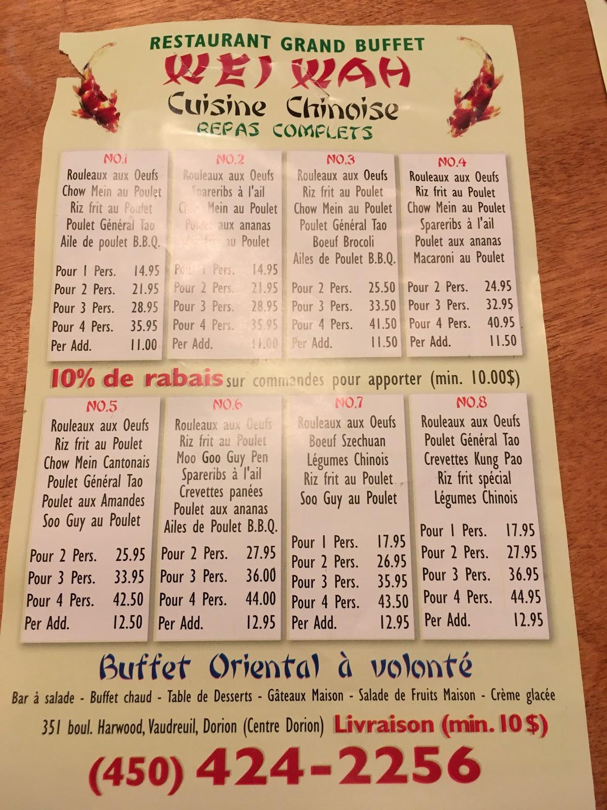 Menu at Wei Wah Buffet restaurant, VaudreuilDorion