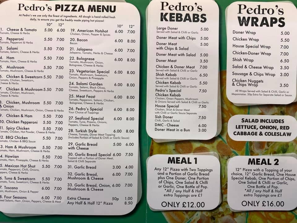Menu at Pedro's Workington fast food, Workington