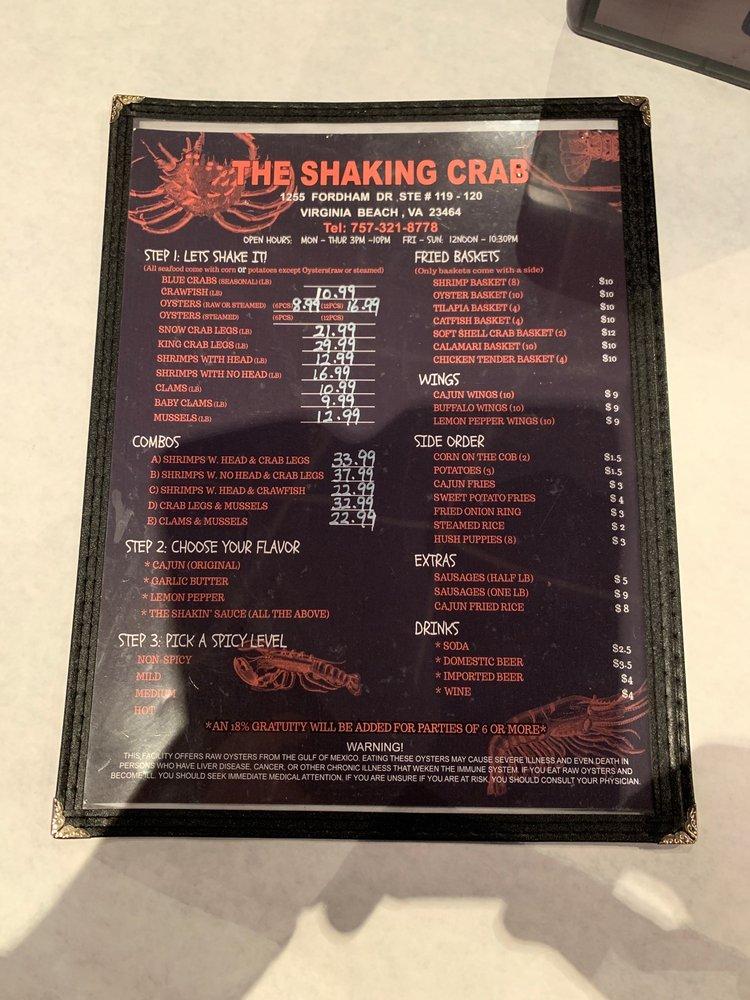 Menu at Shaking Crab restaurant, Virginia Beach
