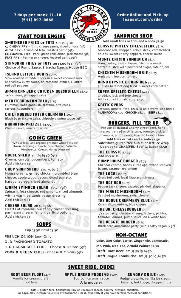 Menu at Pump House Burgers and Brew pub & bar, Talent