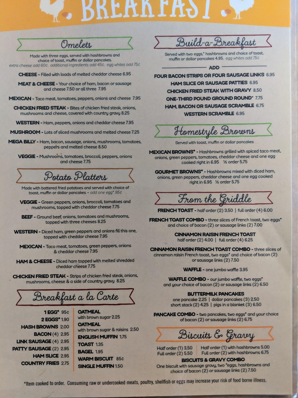 Menu at Billy's Cafe in Blair, Blair