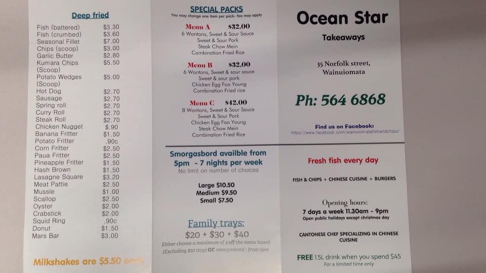 Menu At Ocean Star Takeaways Restaurant Lower Hutt