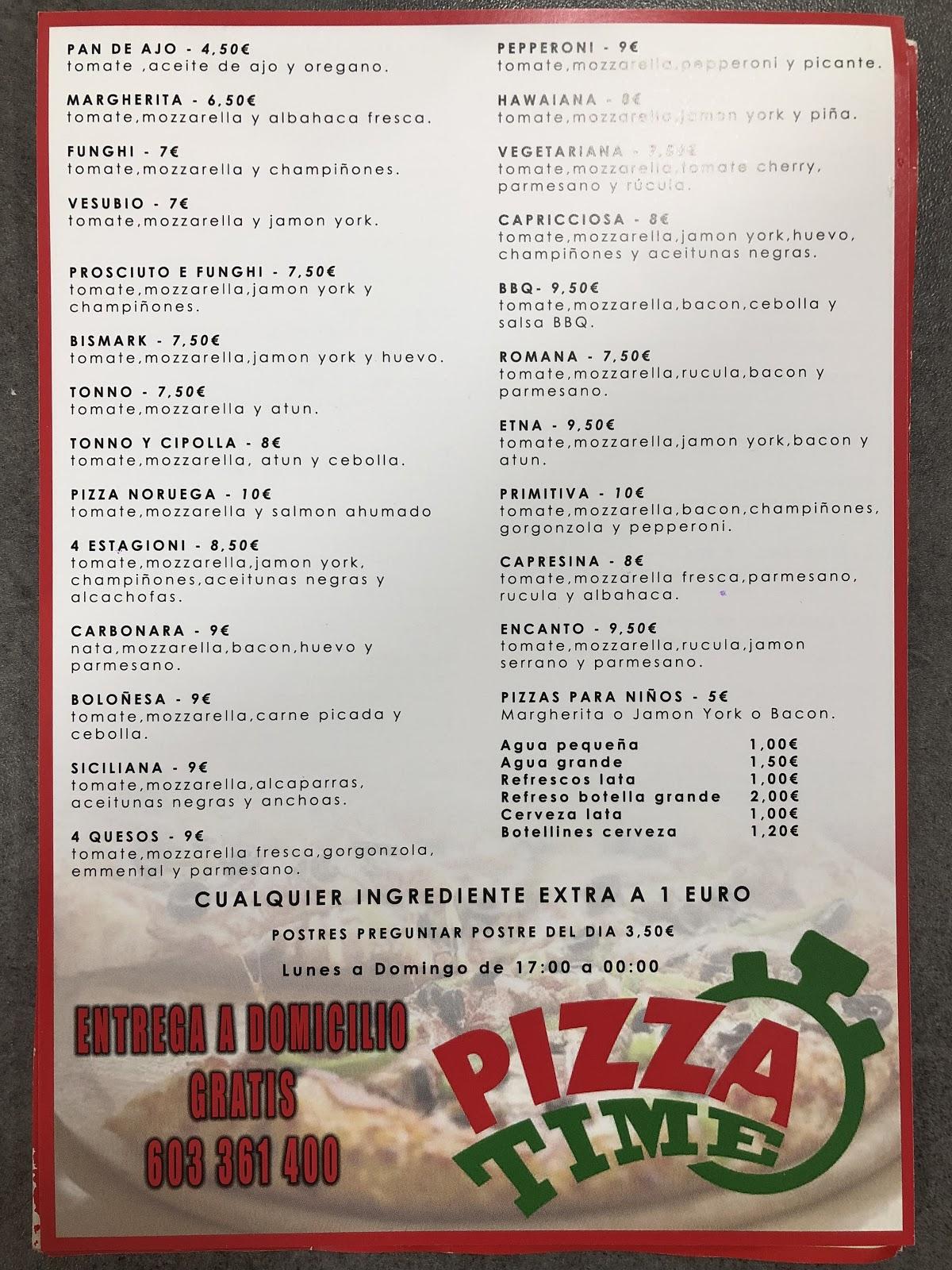 Menu at PIZZA TIME restaurant, Marbella