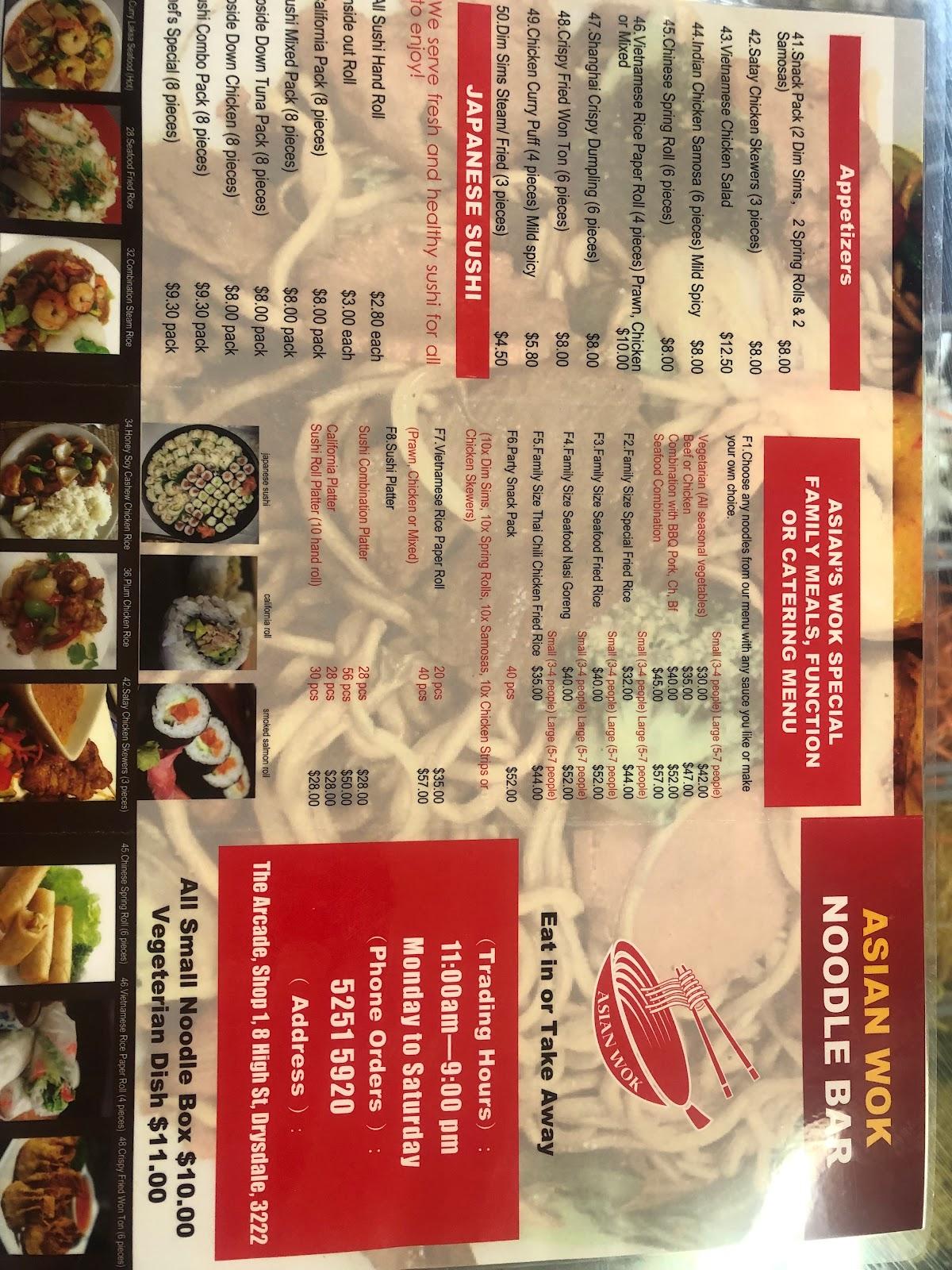 Menu at Asian Wok Noodle & Sushi Bar, Drysdale